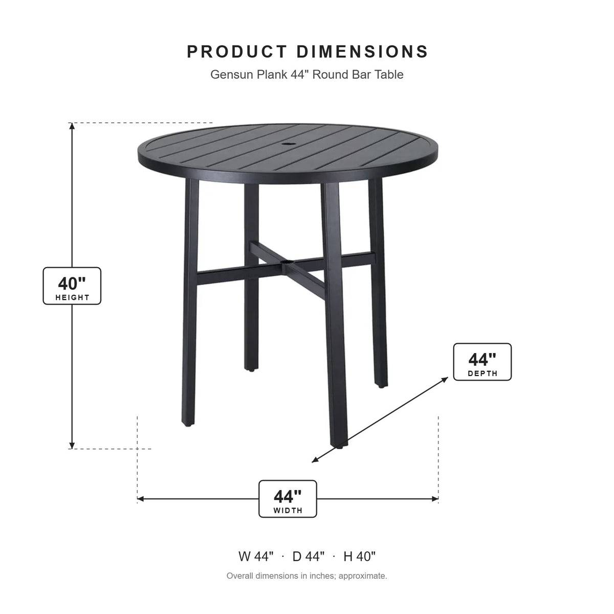 Gensun Plank 44" Round Bar Table dimensions: 44 in W x 44 in D x 40 in H