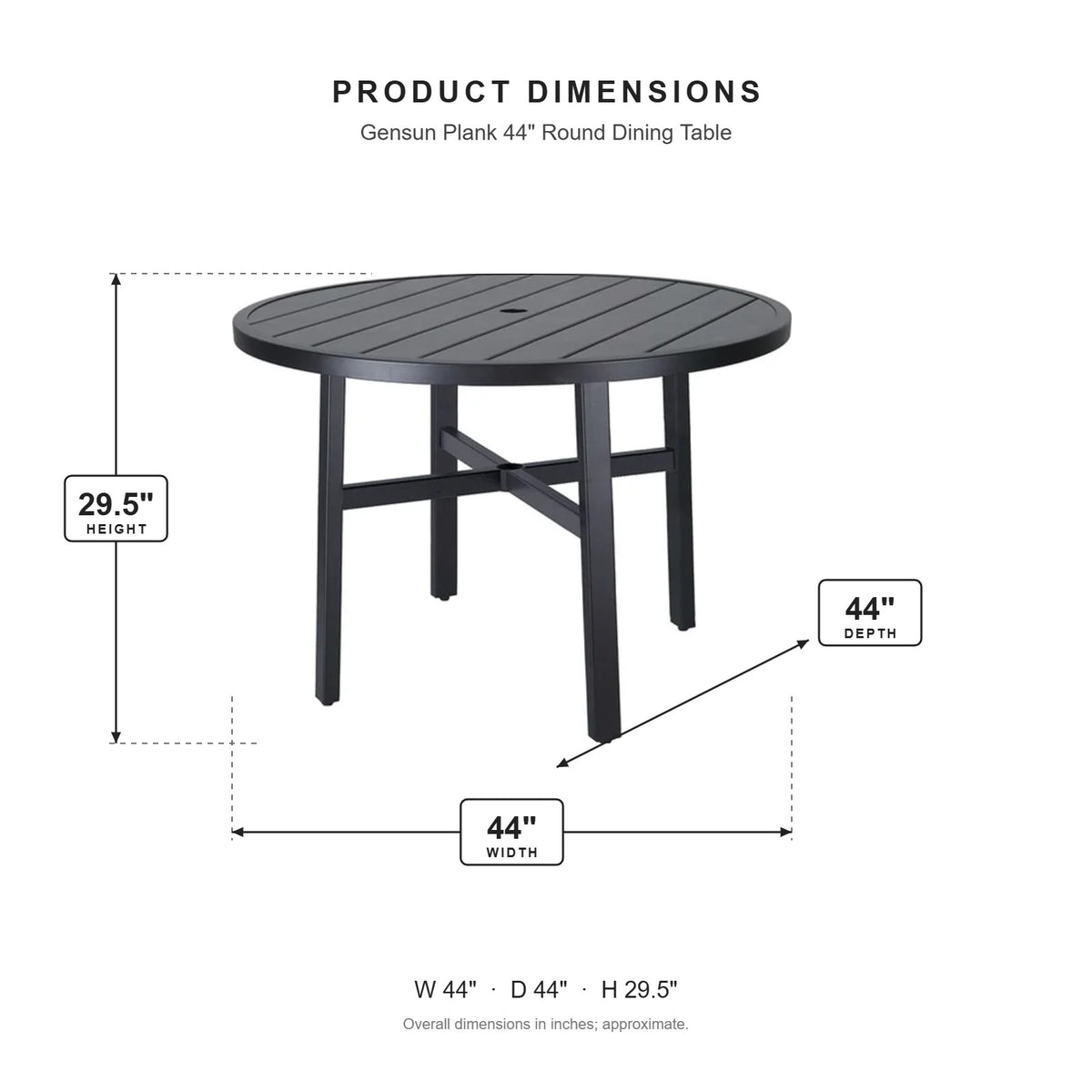 Gensun Plank 44" Round Dining Table dimensions: 44 in W x 44 in D x 29.5 in H