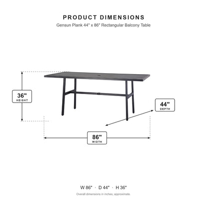 Gensun Plank 44" x 86" Rectangular Balcony Table dimensions: 86 in W x 44 in D x 36 in H