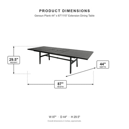 Gensun Plank 44" x 87"/115" Extension Dining Table dimensions: 87 in W x 44 in D x 29.5 in H