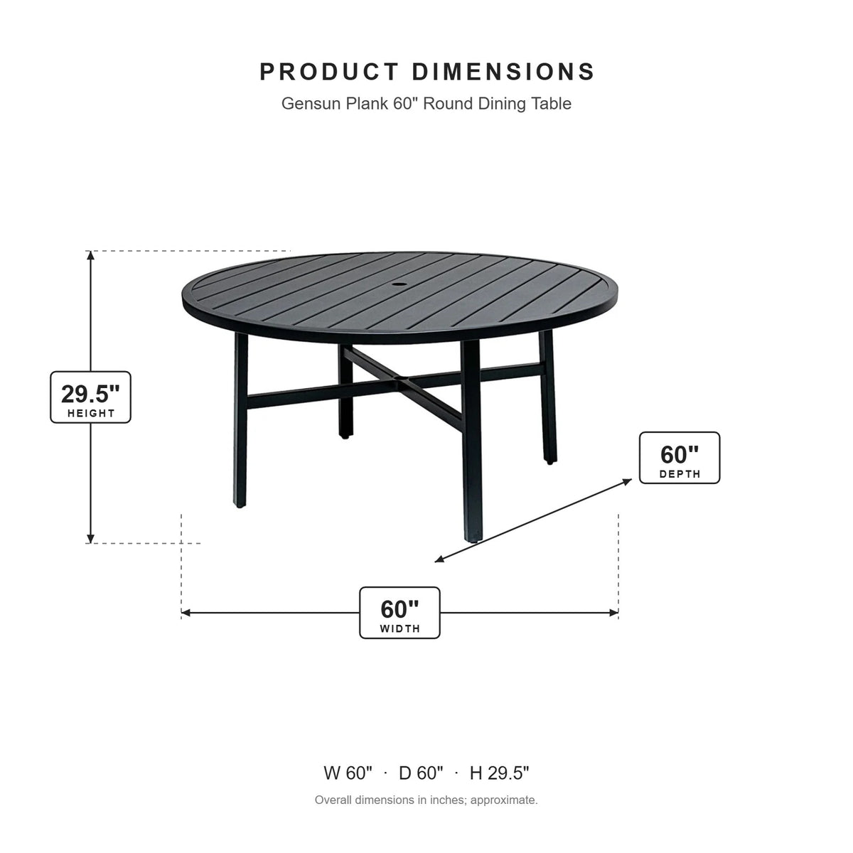 Gensun Plank 60" Round Dining Table dimensions: 60 in W x 60 in D x 29.5 in H