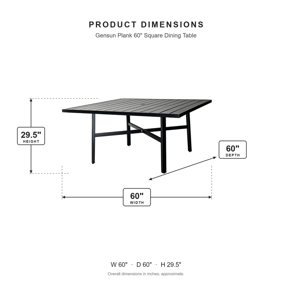 Gensun Plank 60" Square Dining Table dimensions: 60 in W x 60 in D x 29.5 in H