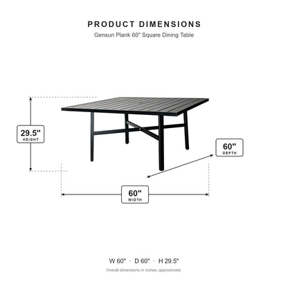 Gensun Plank 60" Square Dining Table dimensions: 60 in W x 60 in D x 29.5 in H