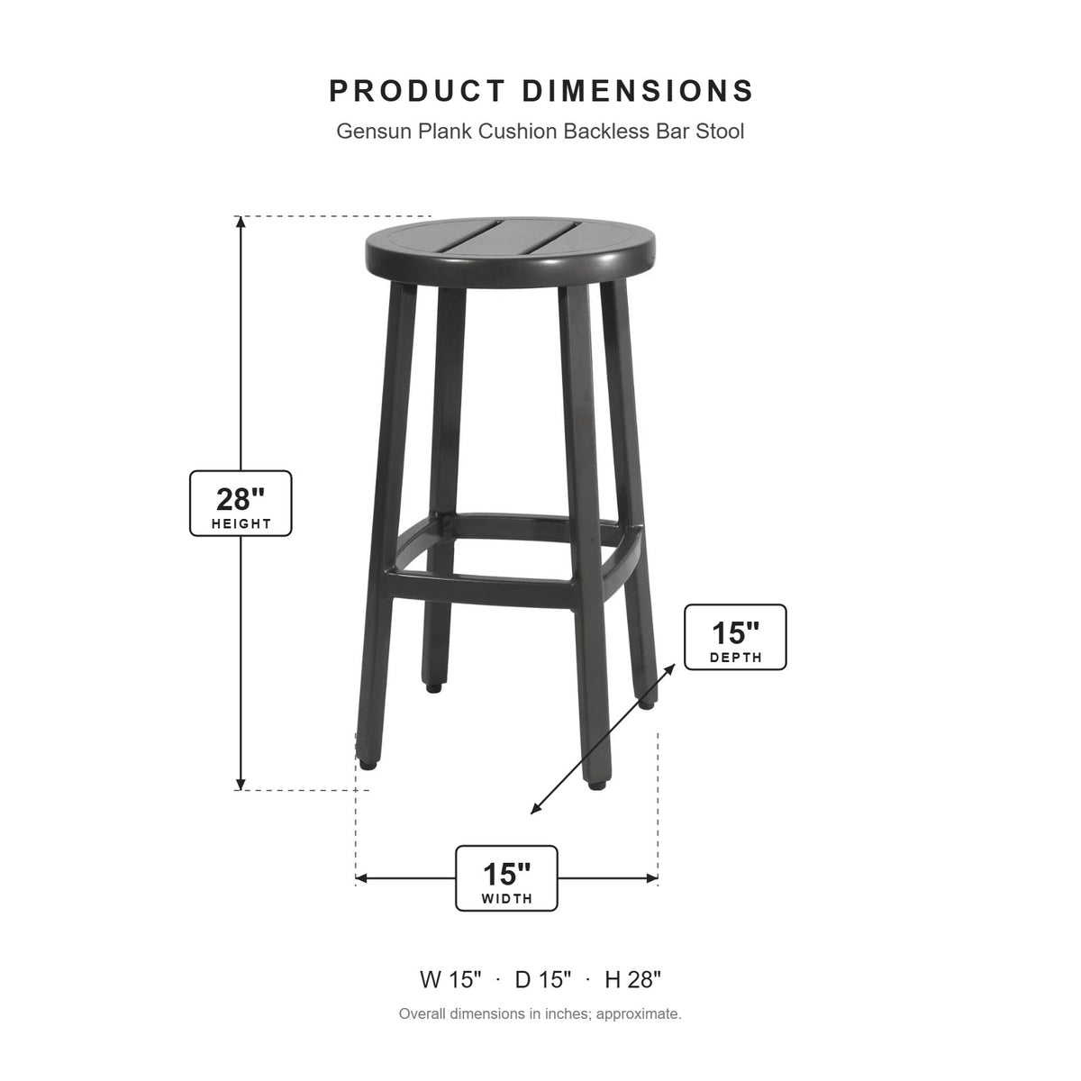 Gensun Plank Cushion Backless Bar Stool dimensions: 15 in W x 15 in D x 28 in H