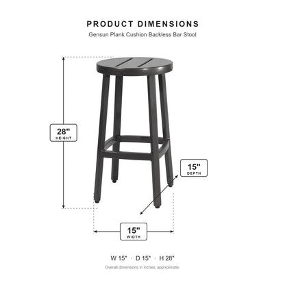 Gensun Plank Cushion Backless Bar Stool dimensions: 15 in W x 15 in D x 28 in H