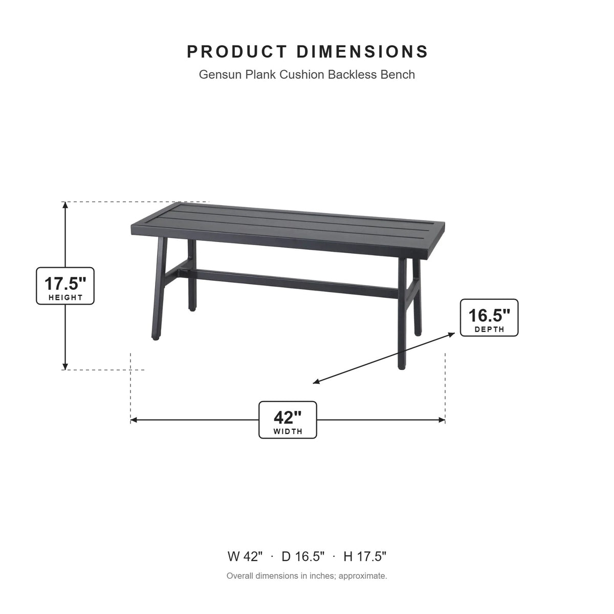 Gensun Plank Cushion Backless Bench dimensions: 42 in W x 16.5 in D x 17.5 in H