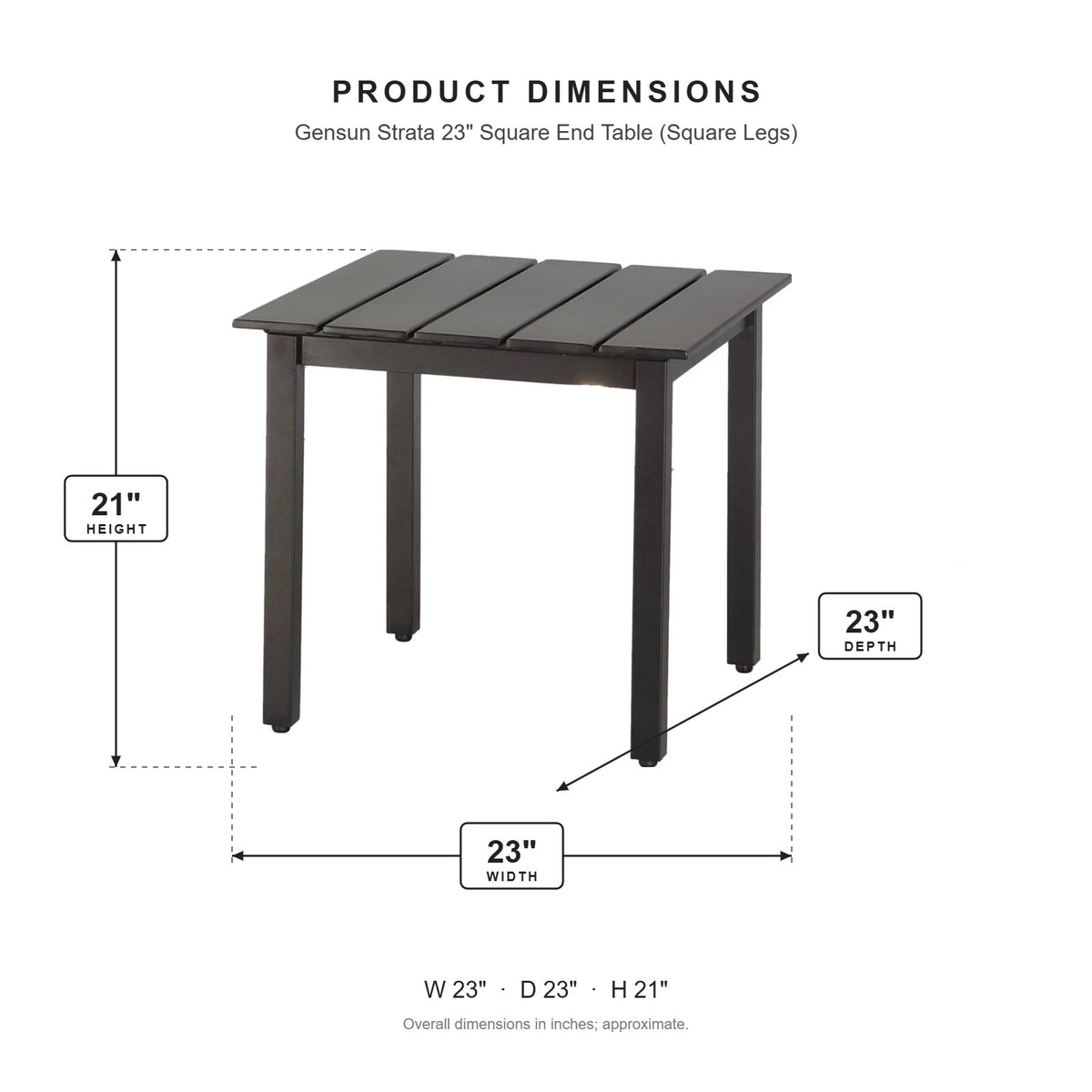 Gensun Strata 23" Square End Table (Square Legs) dimensions: 23 in W x 23 in D x 21 in H