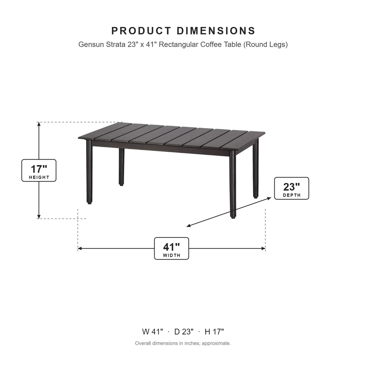 Gensun Strata 23" x 41" Rectangular Coffee Table (Round Legs) dimensions: 41 in W x 23 in D x 17 in H