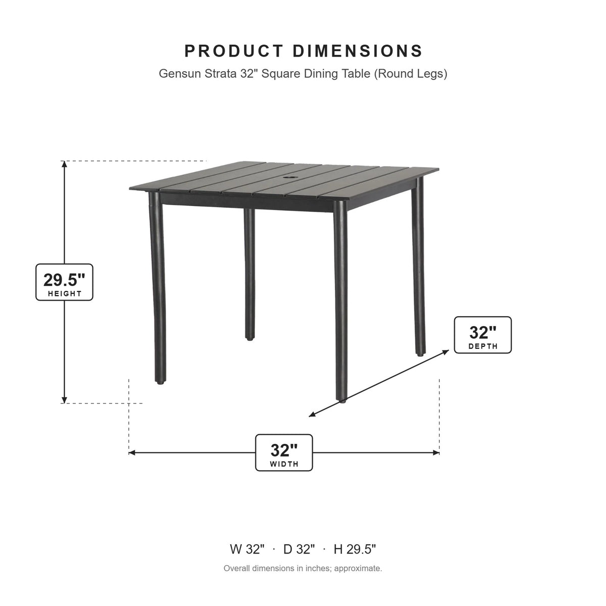 Gensun Strata 32" Square Dining Table (Round Legs) dimensions: 32 in W x 32 in D x 29.5 in H