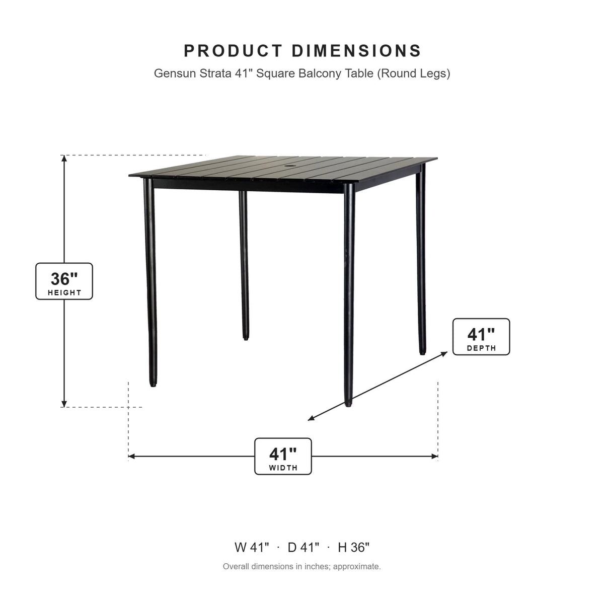 Gensun Strata 41" Square Balcony Table (Round Legs) dimensions: 41 in W x 41 in D x 36 in H