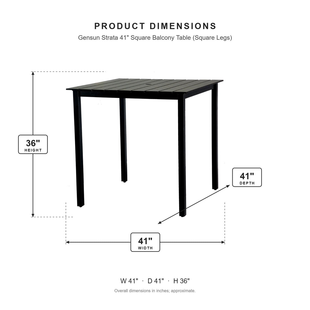 Gensun Strata 41" Square Balcony Table (Square Legs) dimensions: 41 in W x 41 in D x 36 in H