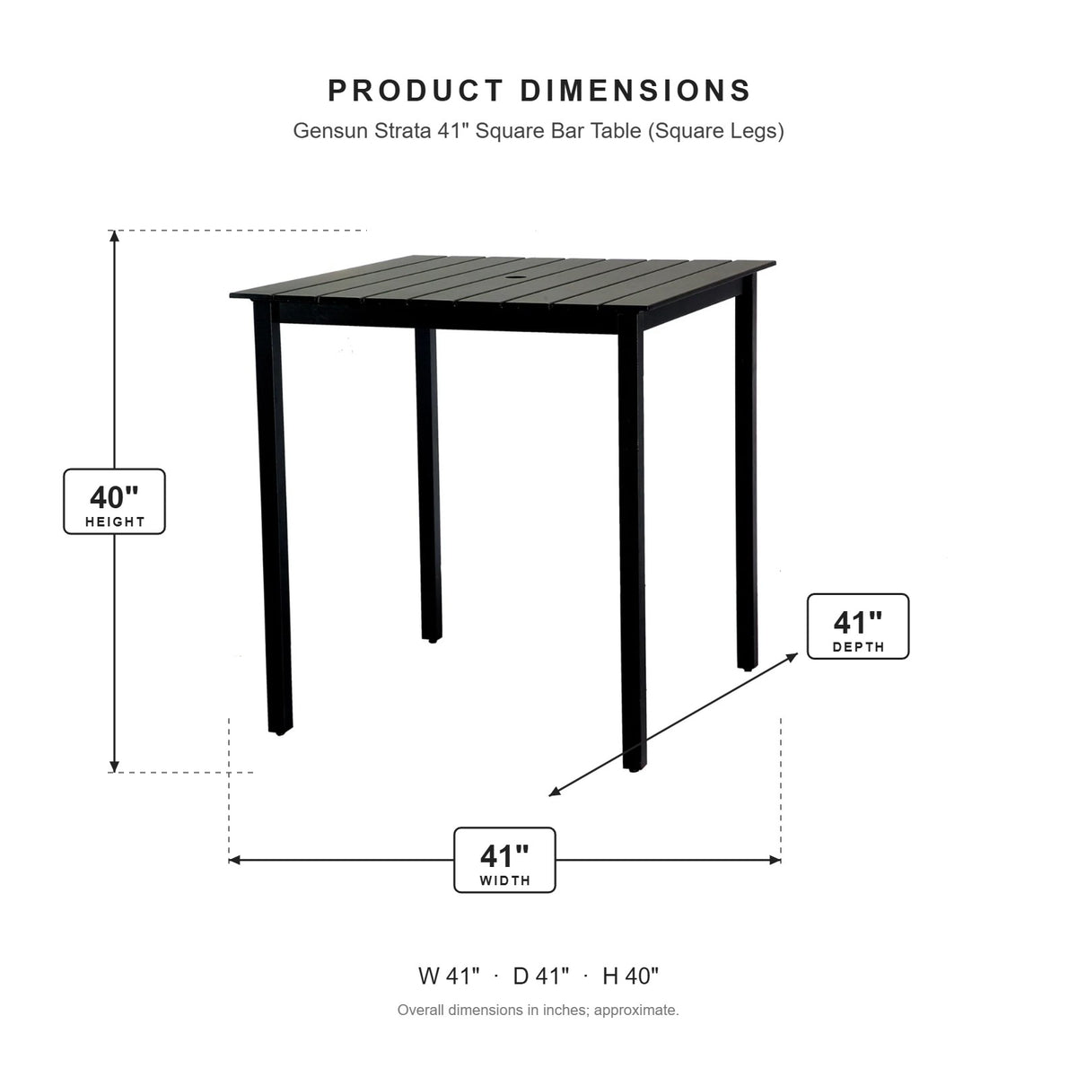 Gensun Strata 41" Square Bar Table (Square Legs) dimensions: 41 in W x 41 in D x 40 in H