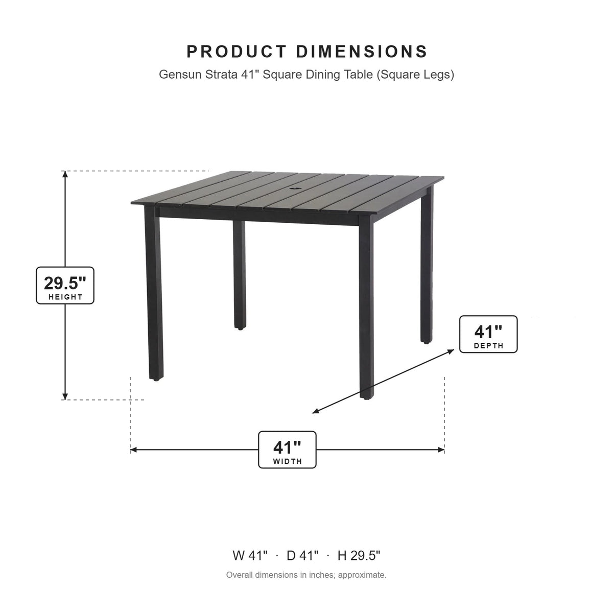 Gensun Strata 41" Square Dining Table (Square Legs) dimensions: 41 in W x 41 in D x 29.5 in H