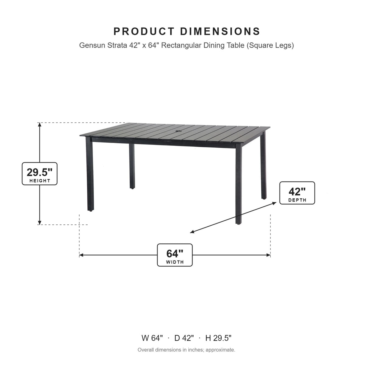 Gensun Strata 42" x 64" Rectangular Dining Table (Square Legs) dimensions: 64 in W x 42 in D x 29.5 in H