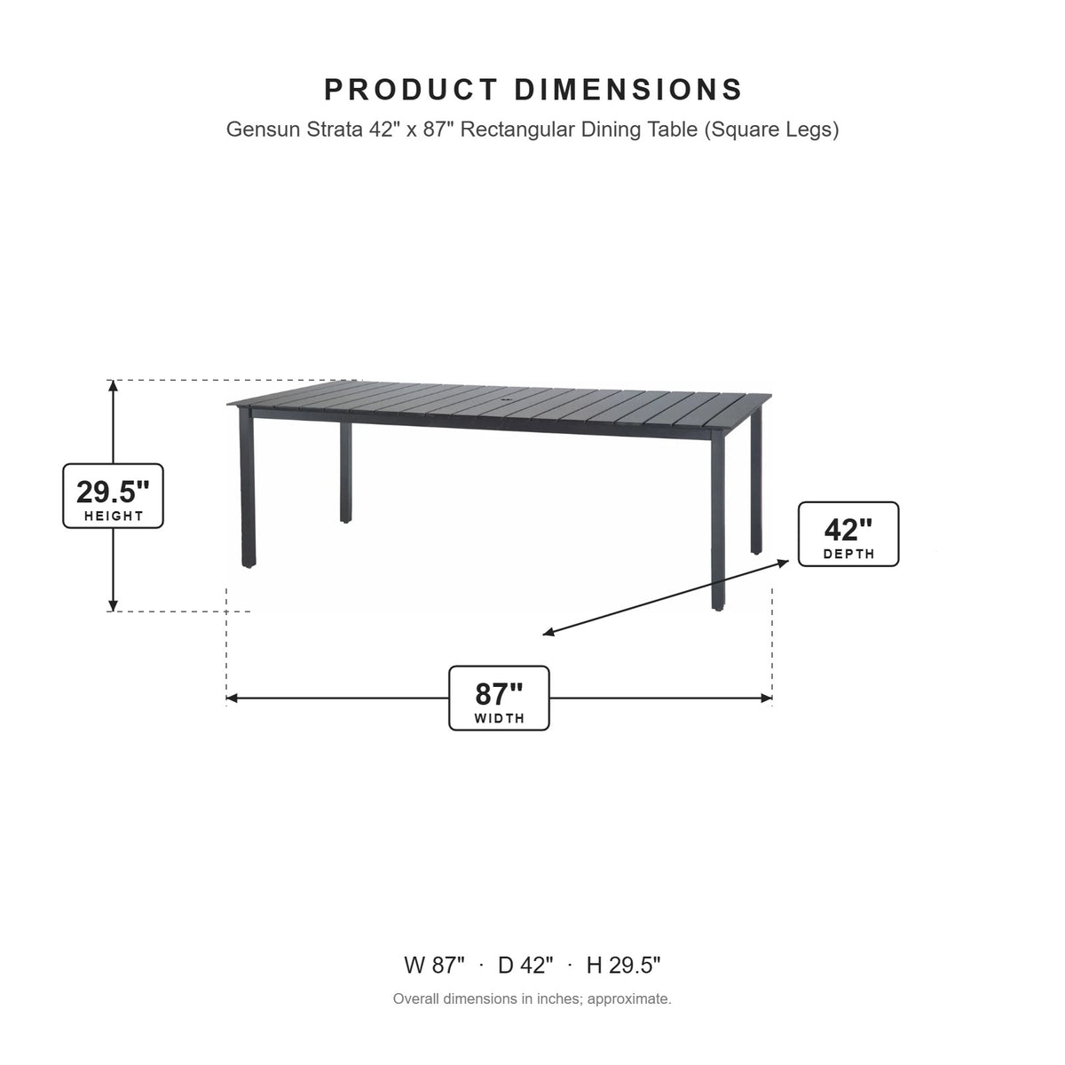 Gensun Strata 42" x 87" Rectangular Dining Table (Square Legs) dimensions: 87 in W x 42 in D x 29.5 in H