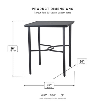 Gensun Talia 30" Square Balcony Table dimensions: 30 in W x 30 in D x 36 in H