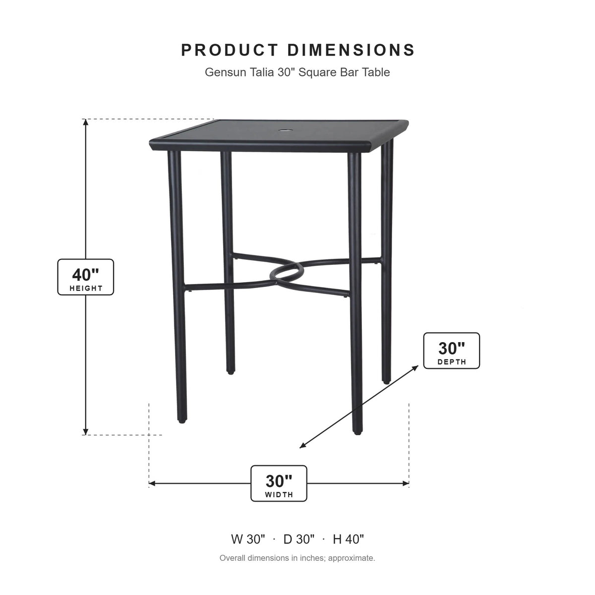 Gensun Talia 30" Square Bar Table dimensions: 30 in W x 30 in D x 40 in H