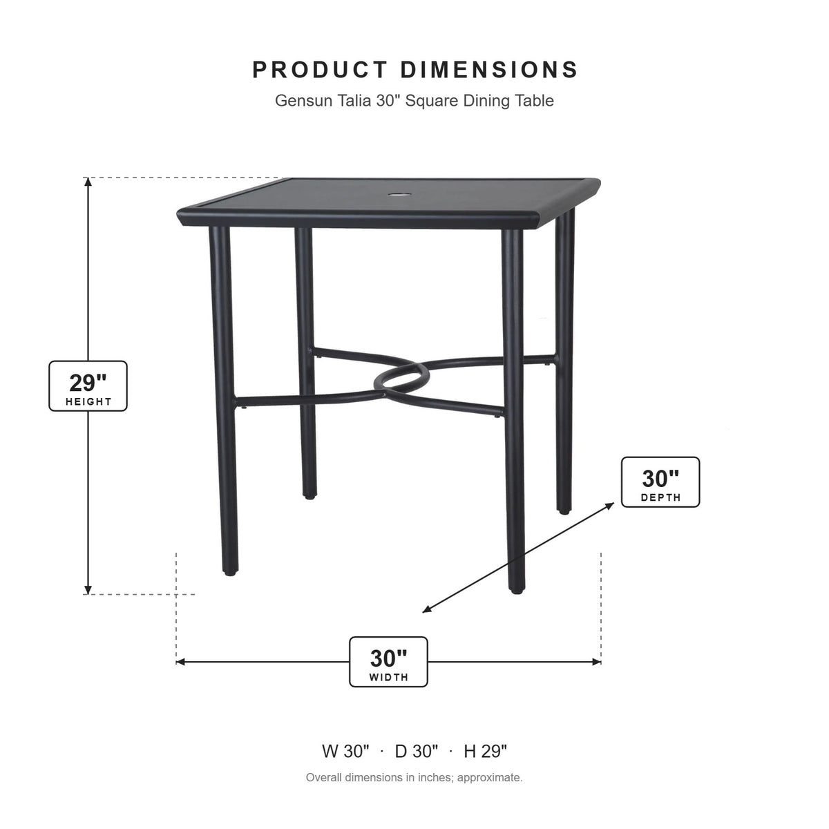 Gensun Talia 30" Square Dining Table dimensions: 30 in W x 30 in D x 29 in H
