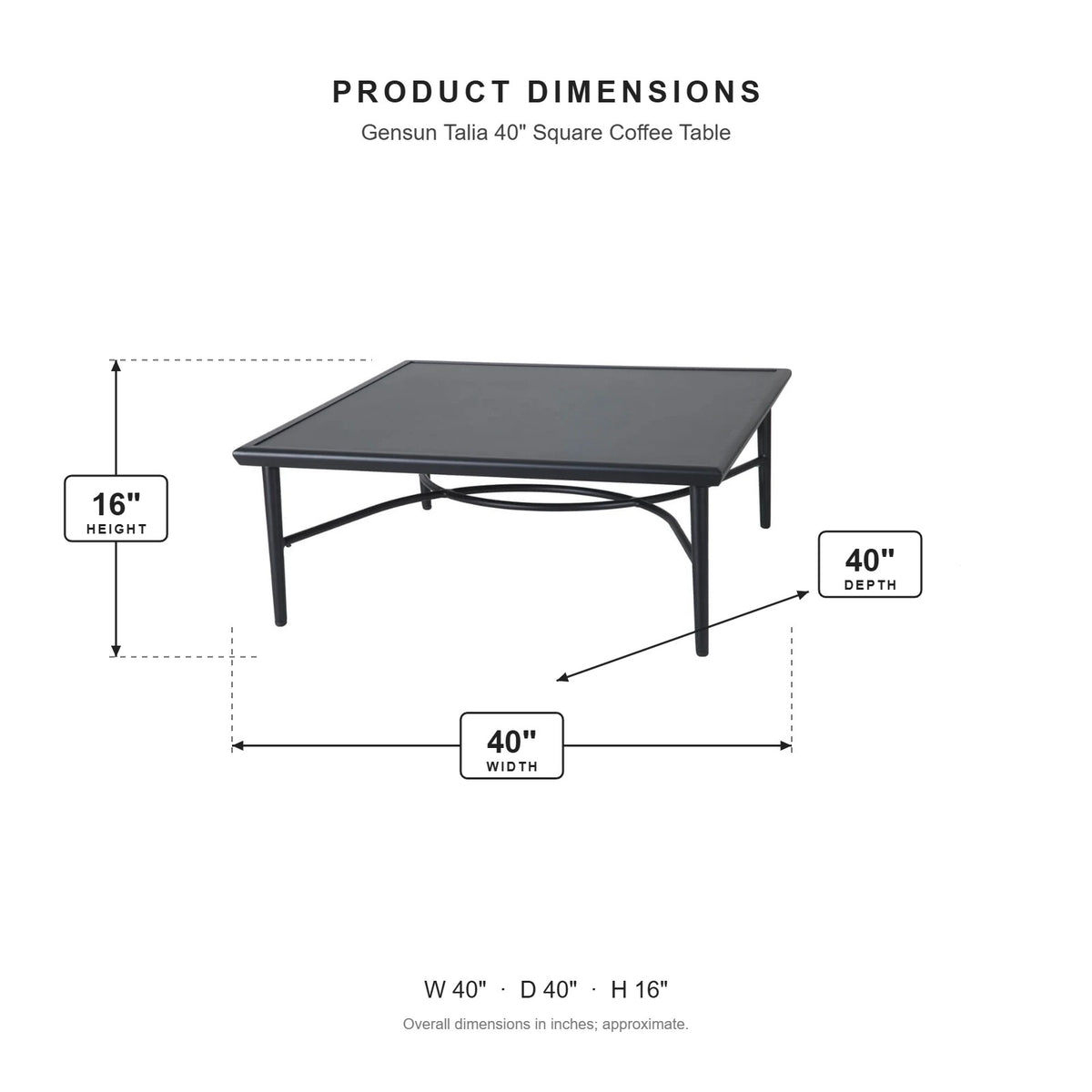 Gensun Talia 40" Square Coffee Table dimensions: 40 in W x 40 in D x 16 in H