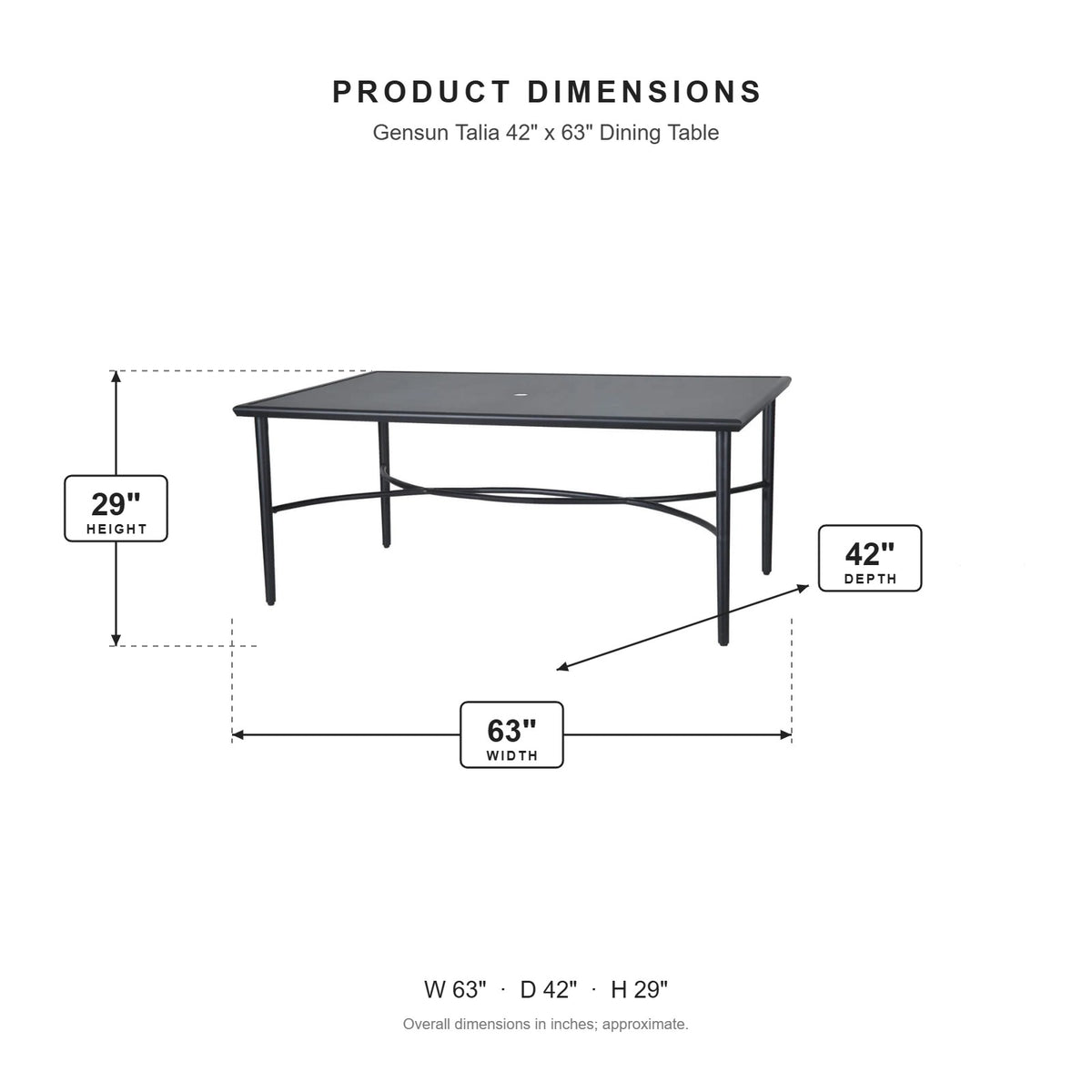 Gensun Talia 42" x 63" Dining Table dimensions: 63 in W x 42 in D x 29 in H