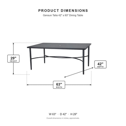 Gensun Talia 42" x 63" Dining Table dimensions: 63 in W x 42 in D x 29 in H