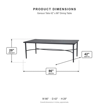 Gensun Talia 42" x 86" Dining Table dimensions: 86 in W x 42 in D x 29 in H