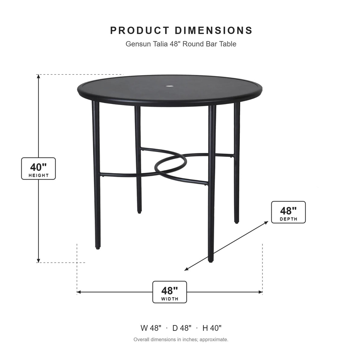 Gensun Talia 48" Round Bar Table dimensions: 48 in W x 48 in D x 40 in H
