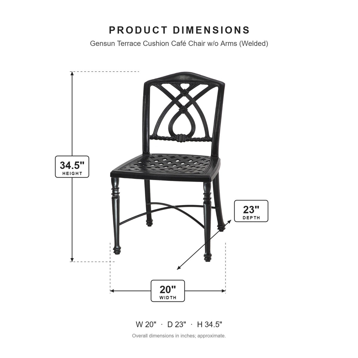 Gensun Terrace Cushion Café Chair w/o Arms (Welded) dimensions: 20 in W x 23 in D x 34.5 in H