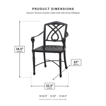 Gensun Terrace Cushion Café Chair with Arms (Welded) dimensions: 23.5 in W x 23 in D x 34.5 in H