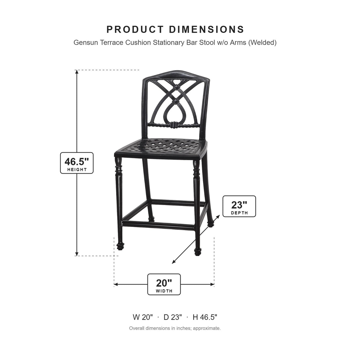 Gensun Terrace Cushion Stationary Bar Stool w/o Arms (Welded) dimensions: 20 in W x 23 in D x 46.5 in H