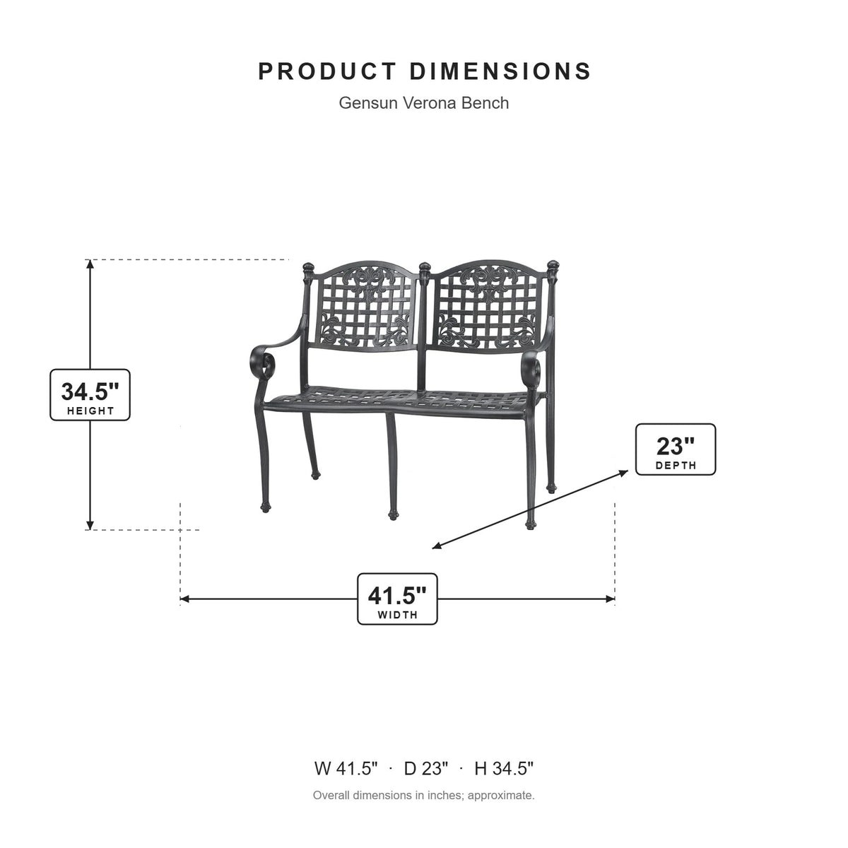 Gensun Verona Bench dimensions: 41.5 in W x 23 in D x 34.5 in H