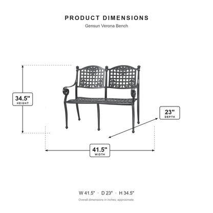 Gensun Verona Bench dimensions: 41.5 in W x 23 in D x 34.5 in H