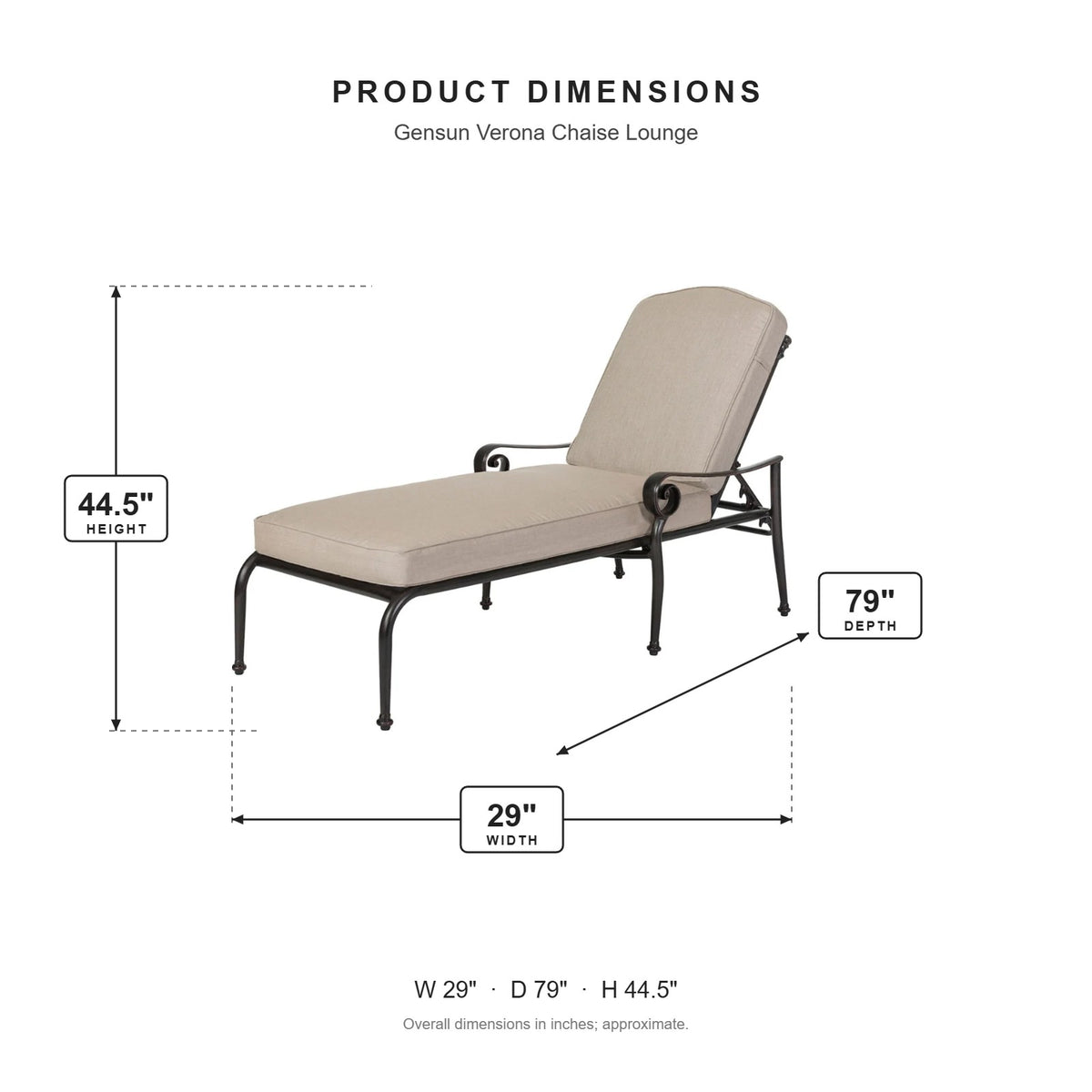 Gensun Verona Chaise Lounge dimensions: 29 in W x 79 in D x 44.5 in H