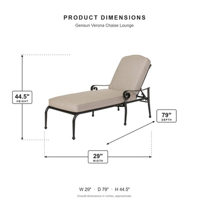 Gensun Verona Chaise Lounge dimensions: 29 in W x 79 in D x 44.5 in H