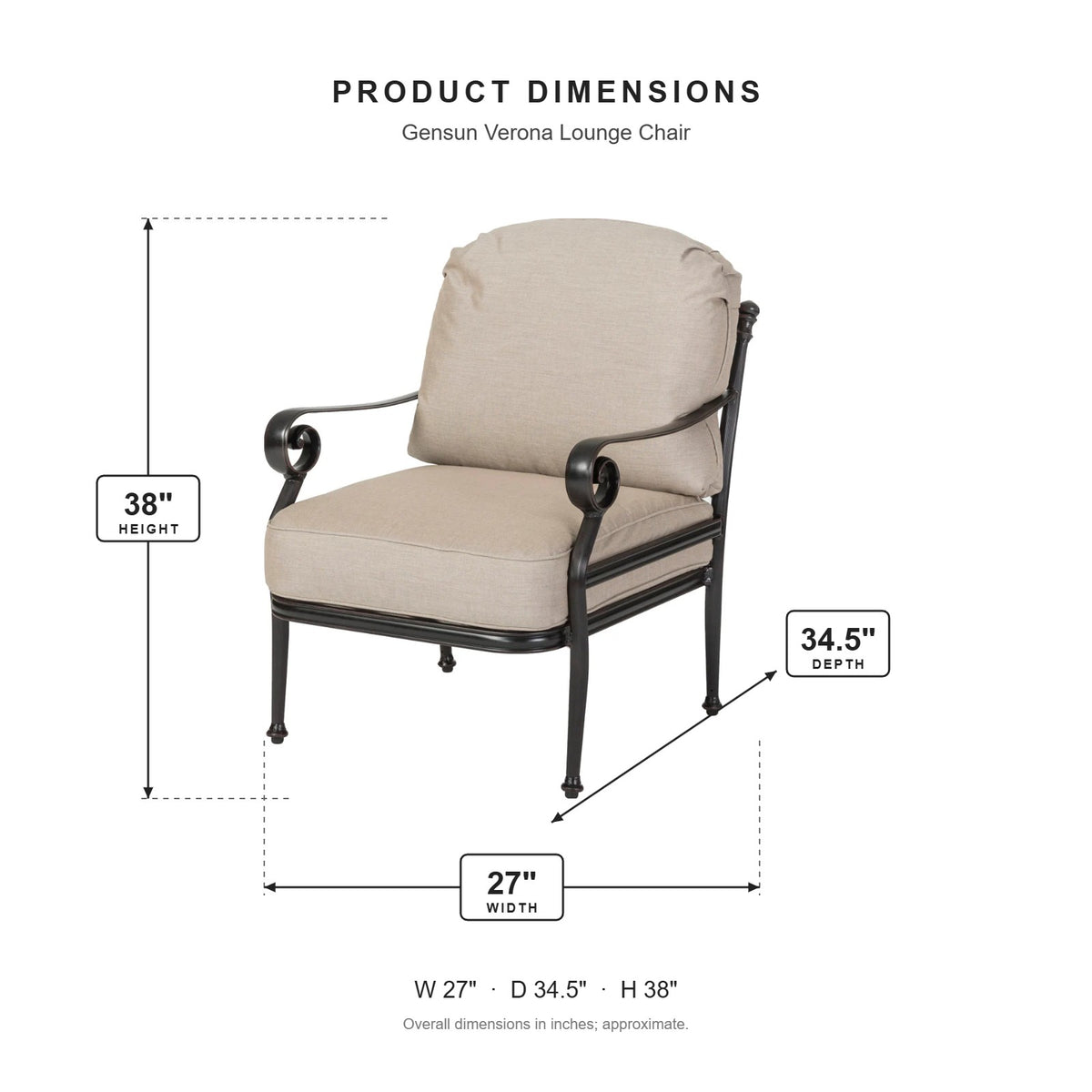 Gensun Verona Lounge Chair dimensions: 27 in W x 34.5 in D x 38 in H
