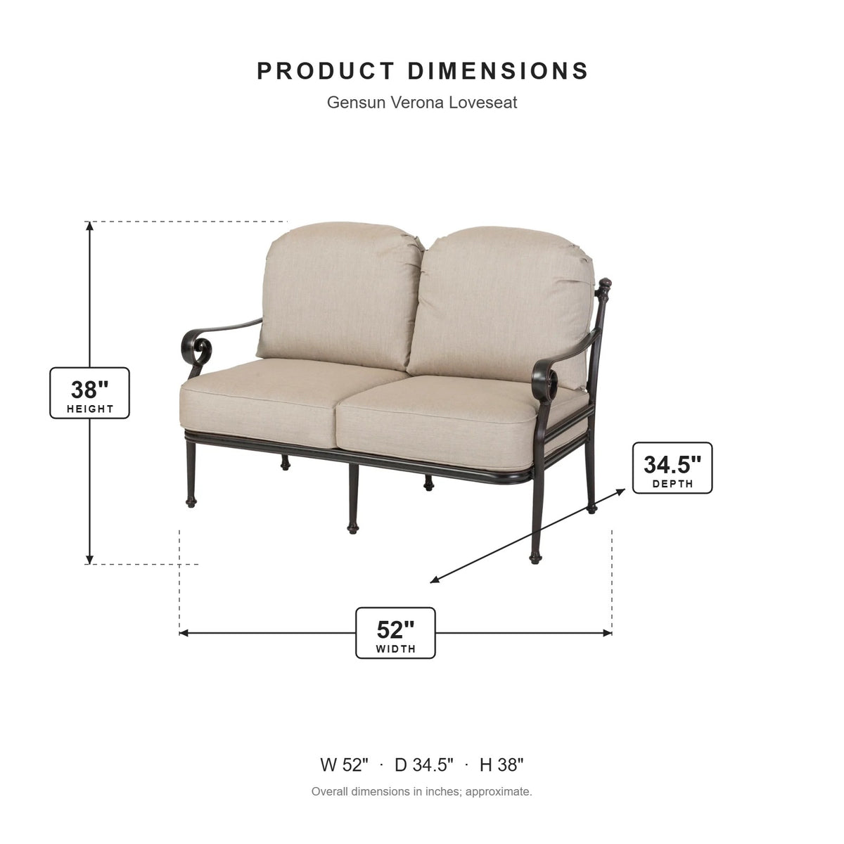 Gensun Verona Loveseat dimensions: 52 in W x 34.5 in D x 38 in H