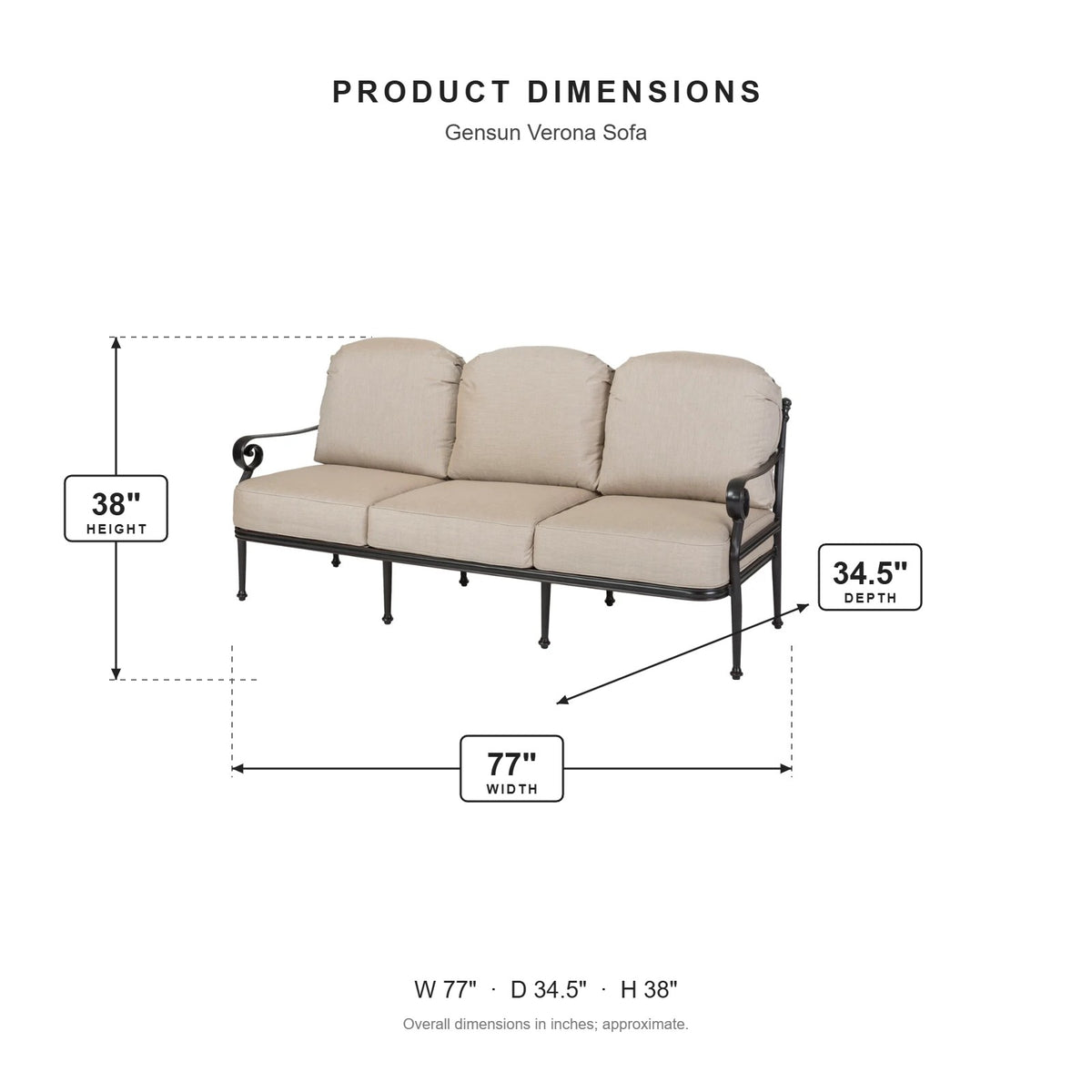 Gensun Verona Sofa dimensions: 77 in W x 34.5 in D x 38 in H