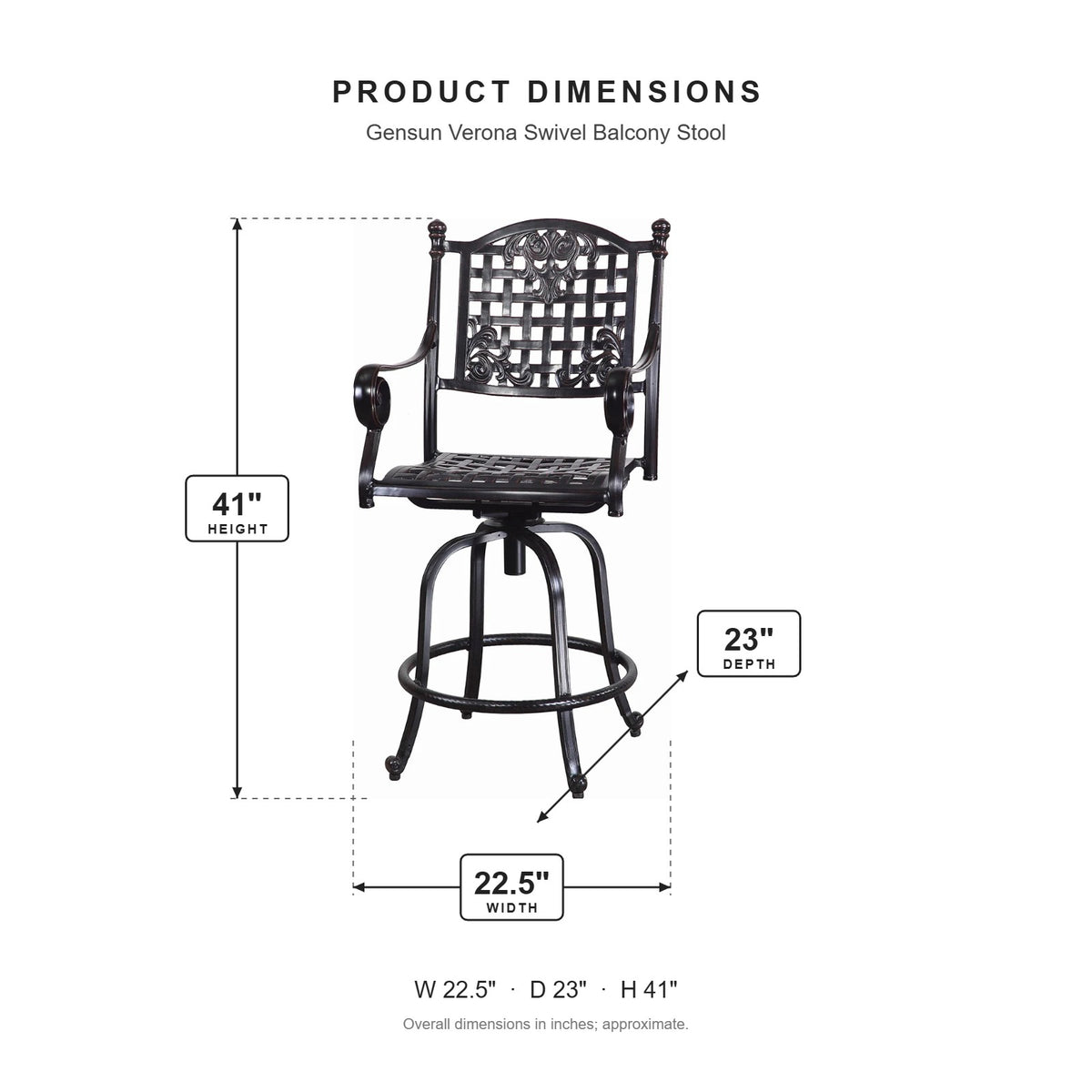 Gensun Verona Swivel Balcony Stool dimensions: 22.5 in W x 23 in D x 41 in H