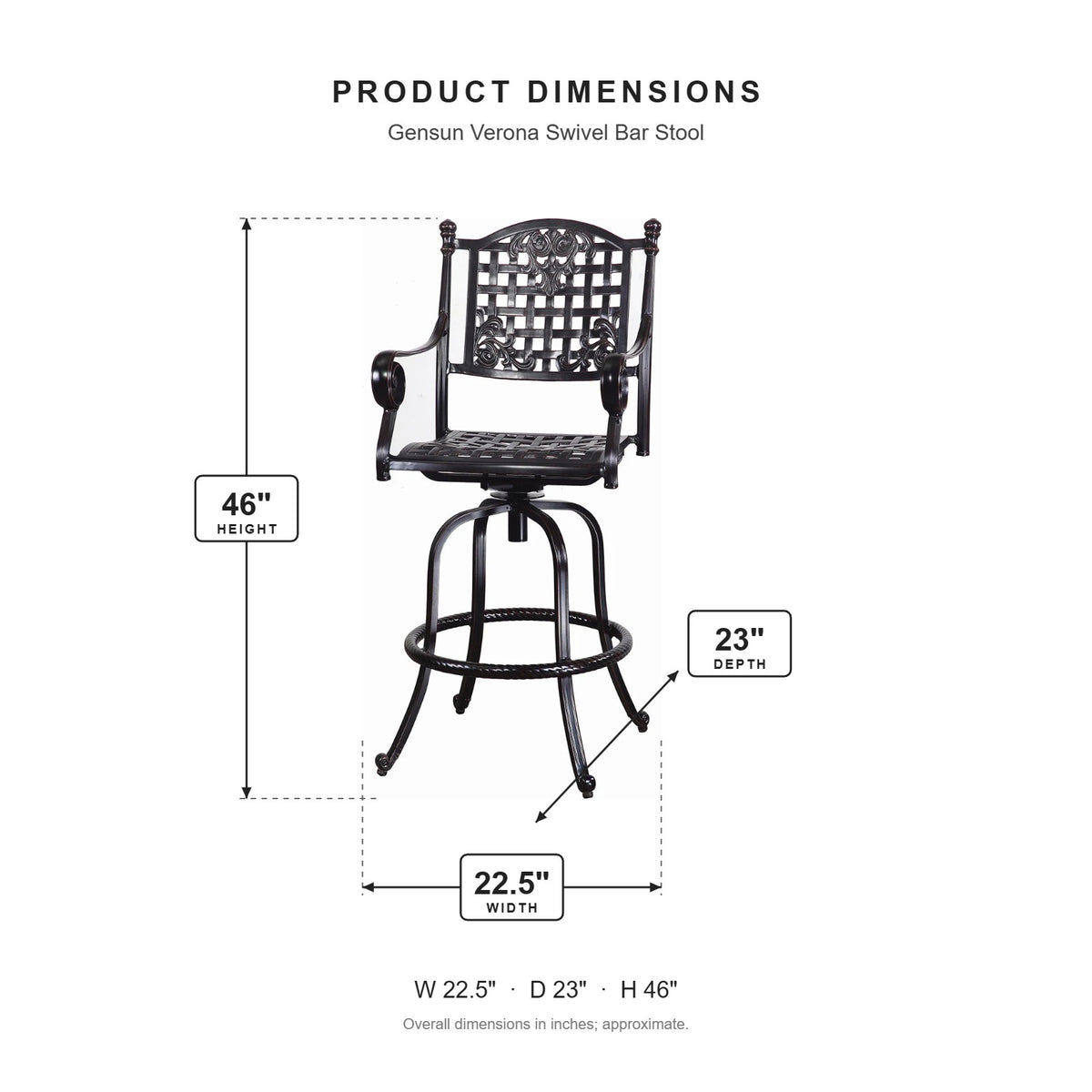 Gensun Verona Swivel Bar Stool dimensions: 22.5 in W x 23 in D x 46 in H