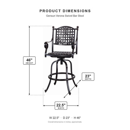 Gensun Verona Swivel Bar Stool dimensions: 22.5 in W x 23 in D x 46 in H