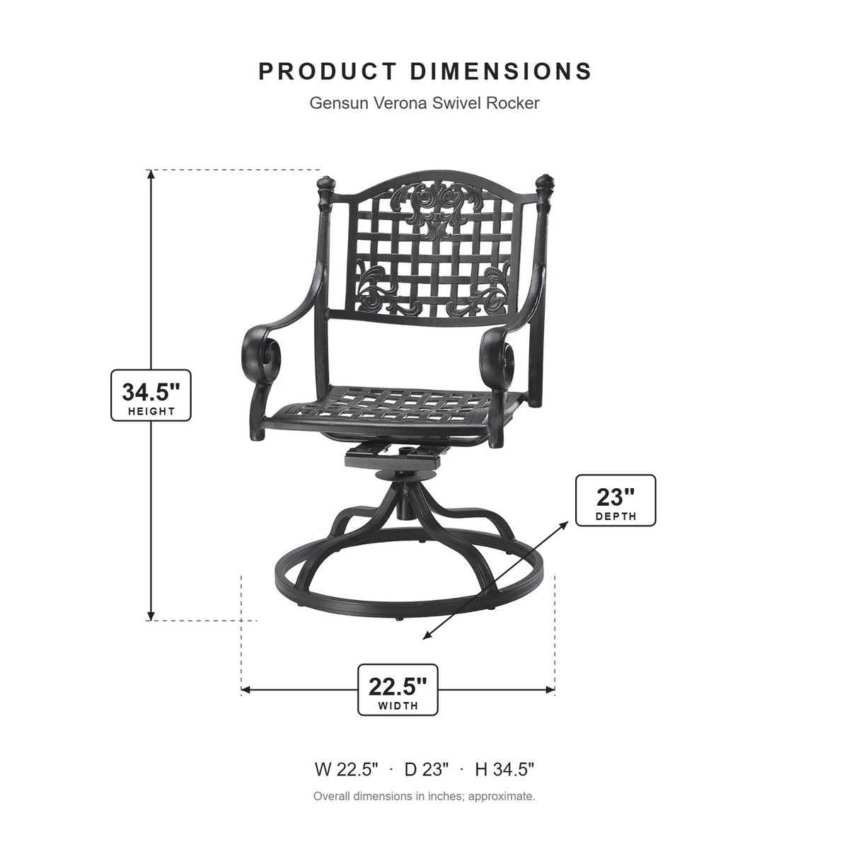 Gensun Verona Swivel Rocker dimensions: 22.5 in W x 23 in D x 34.5 in H