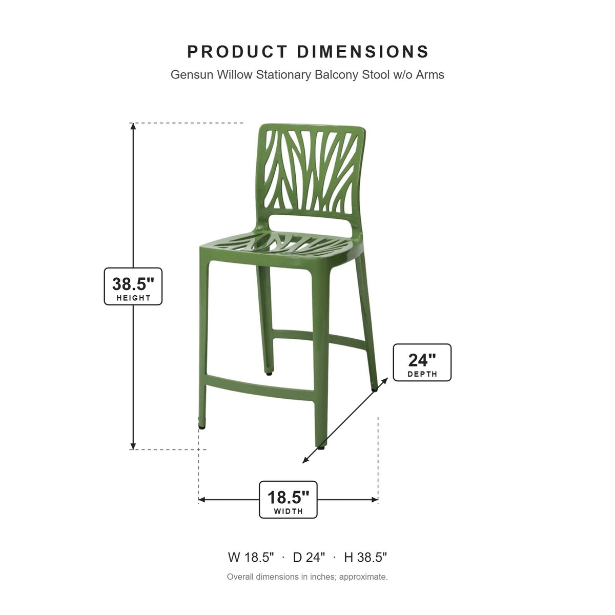 Gensun Willow Stationary Balcony Stool w/o Arms dimensions: 18.5 in W x 24 in D x 38.5 in H