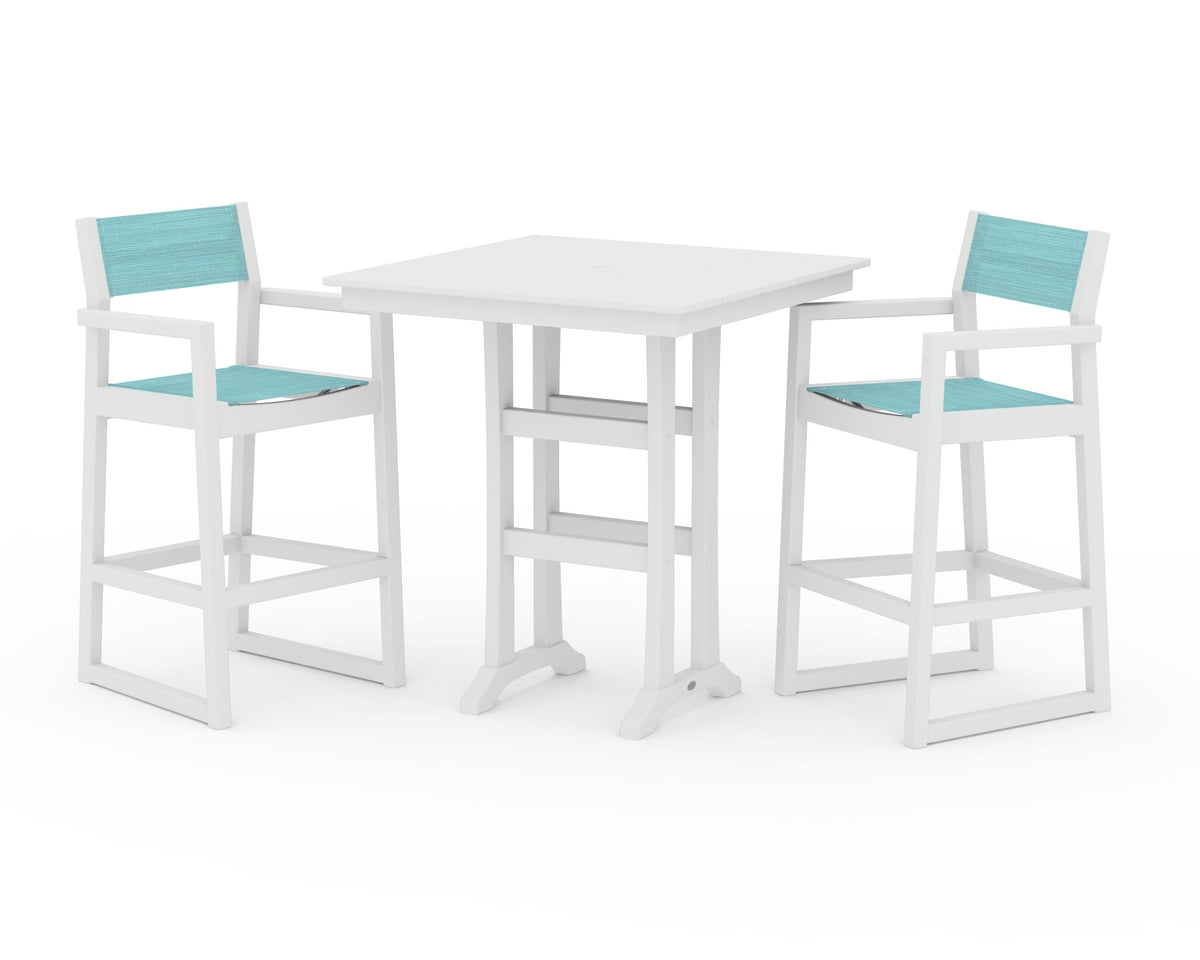 POLYWOOD EDGE Sling Arm Chair 3-Piece Farmhouse Bar Set with Trestle Legs in White / Dupioni Aquamarine