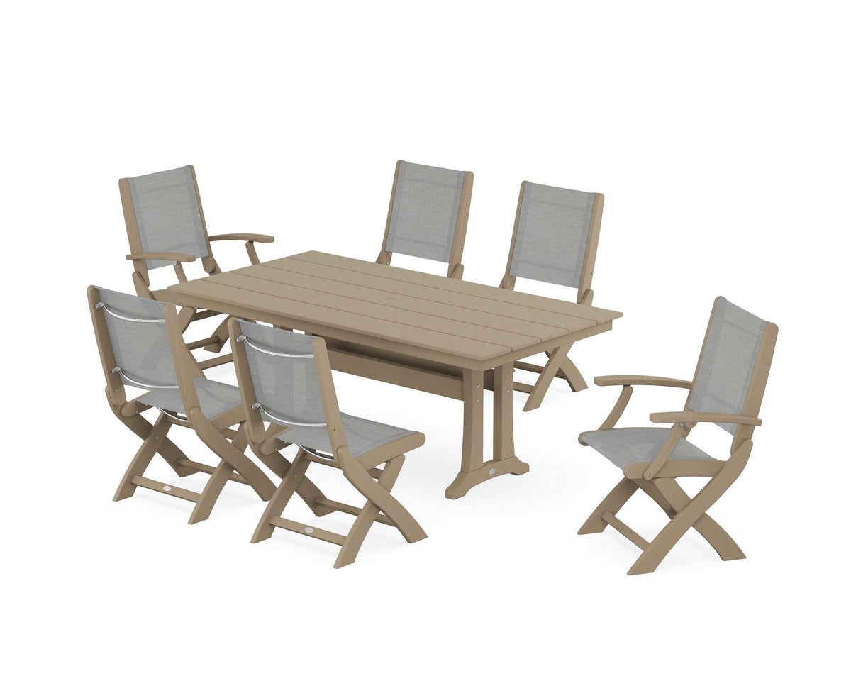 POLYWOOD Coastal Folding Chair 7-Piece Farmhouse Dining Set with Trestle Legs in Vintage Sahara / Metallic