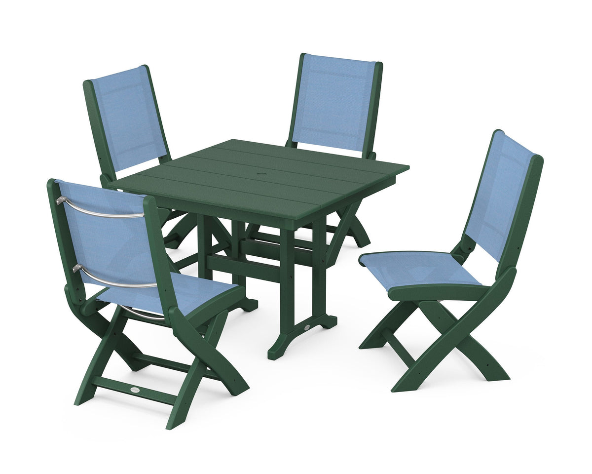 POLYWOOD Coastal Folding Side Chair 5-Piece Farmhouse Dining Set in Green / Poolside