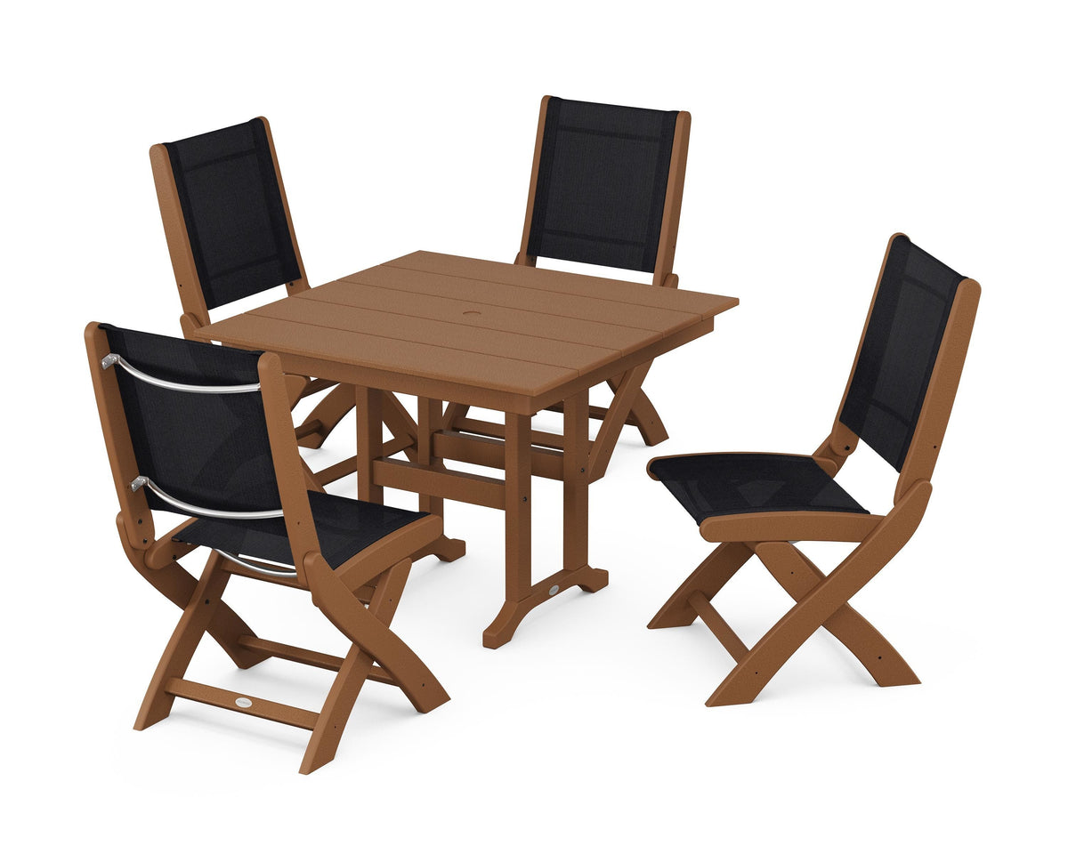 POLYWOOD Coastal Folding Side Chair 5-Piece Farmhouse Dining Set in Teak / Black