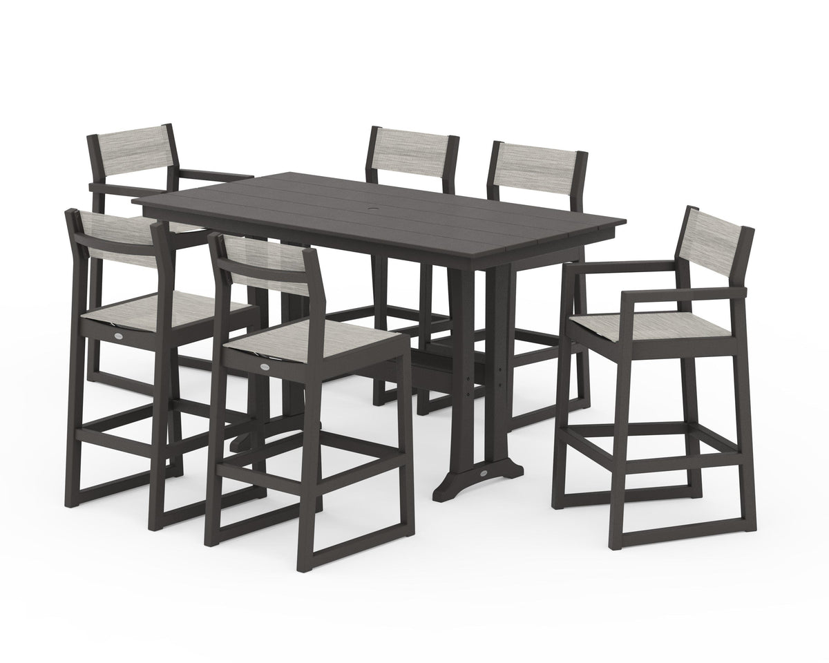 POLYWOOD EDGE Sling 7-Piece Farmhouse Bar Set with Trestle Legs in Vintage Coffee / Birch