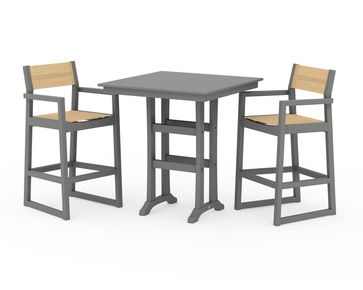 POLYWOOD EDGE Sling Arm Chair 3-Piece Farmhouse Bar Set with Trestle Legs in Slate Grey / Dupioni Apricot