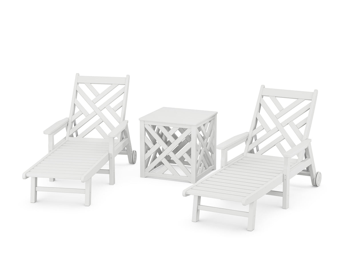 POLYWOOD Chippendale 3-Piece Chaise Set with Umbrella Stand Accent Table in White