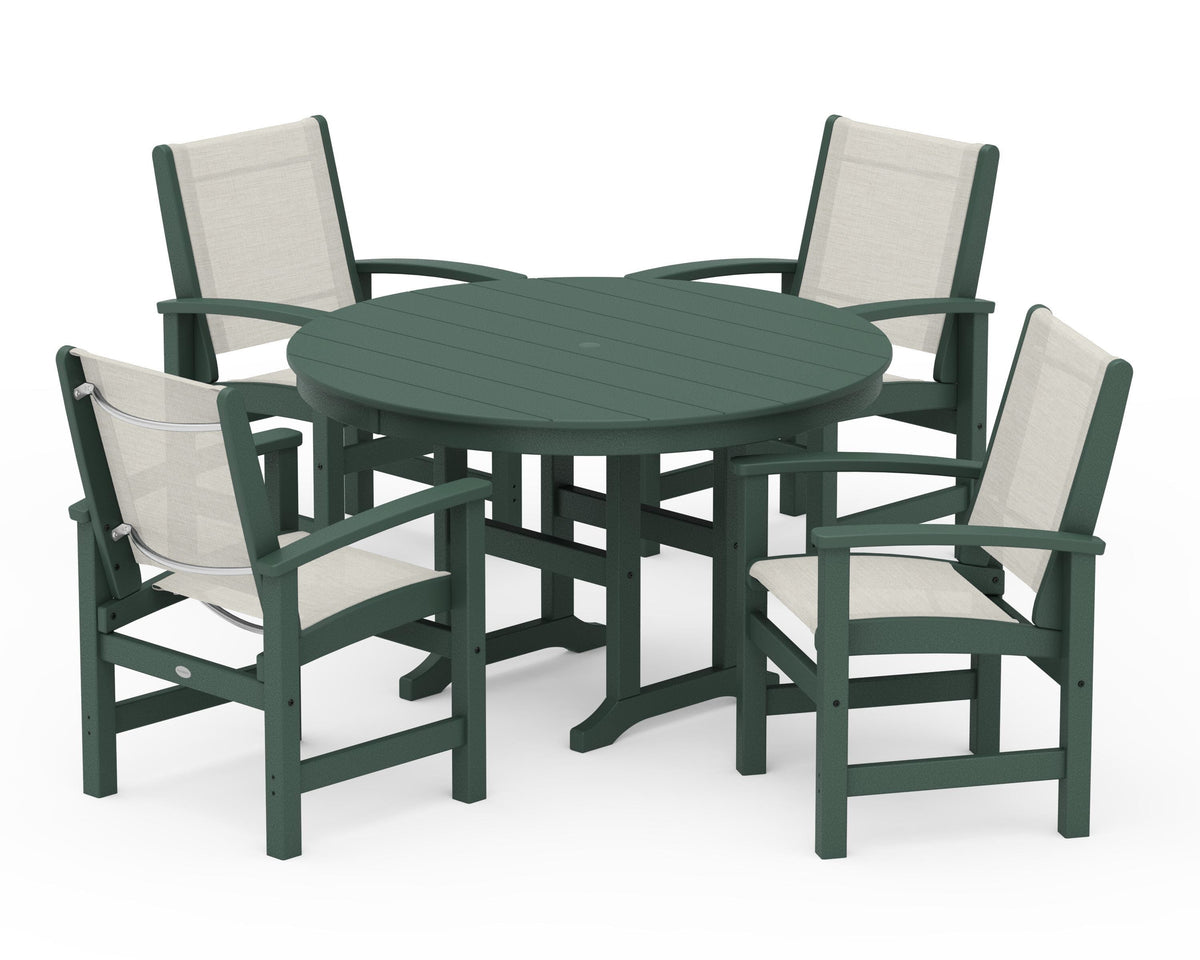 POLYWOOD Coastal 5-Piece Round Farmhouse Dining Set in Green / Parchment